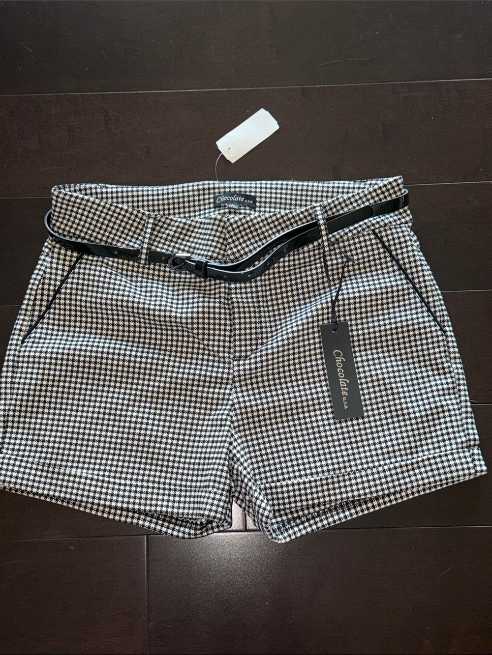 Chocolate Black & White Houndstooth Shorts with Slim Belt